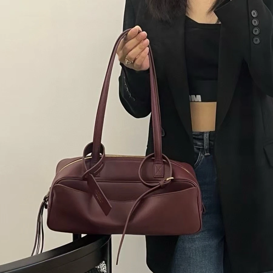 Fashion Genuine Leather Bowling Bag For Women Large Capacity Tote Shoulder Bag Underarm Purse High Quality Crossbody Handbag