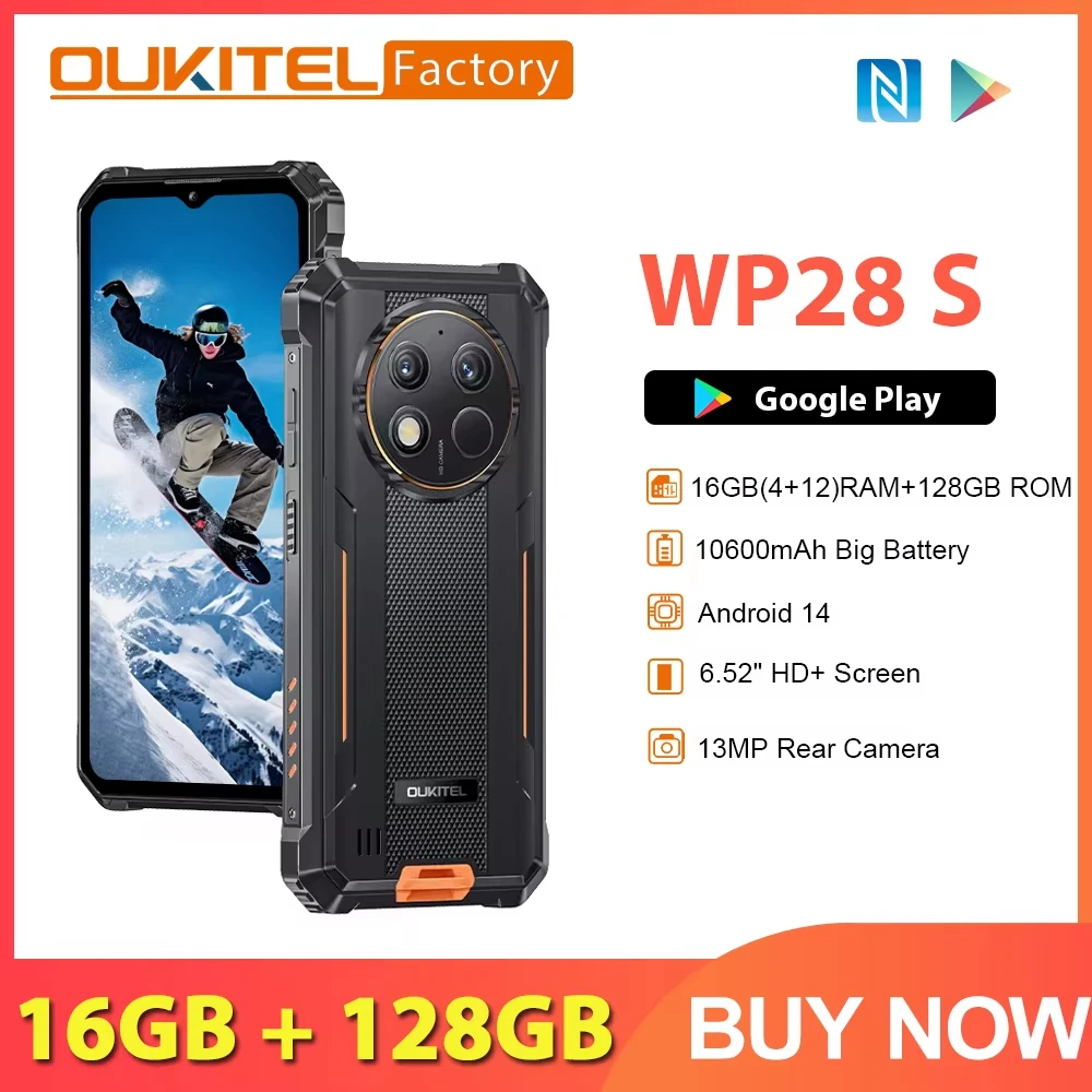 Oukitel [WP28 S] Rugged Phone 6.52‘' HD+10600mAh 13MP Camera Cellphone 16GB (4+12)+128GB 18W Fast Charging Smartphone Android 14