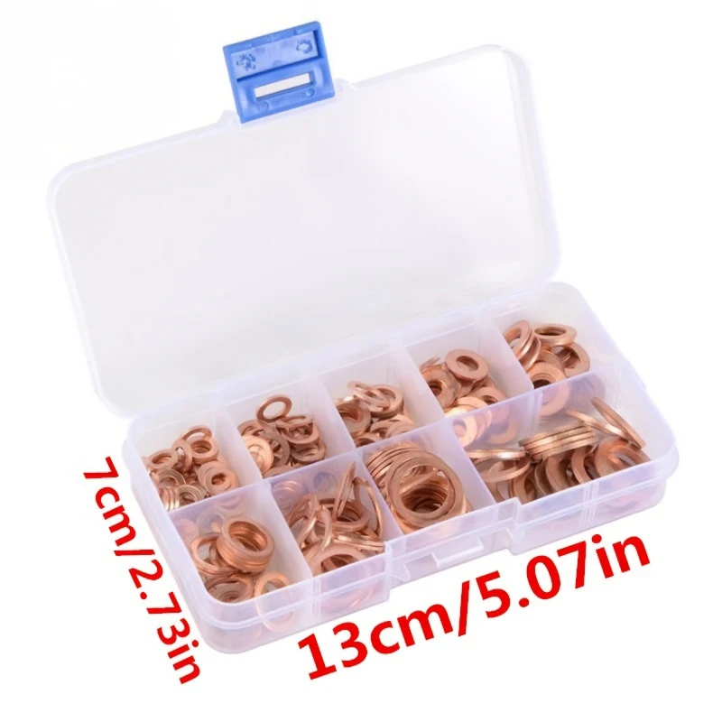 100/200pcs Copper Washer Gasket Nut And Bolt Set Flat Ring Seal Assortment Kit Tool With Box M5/M6/M8/M10/M12/M14 For Sump Plugs