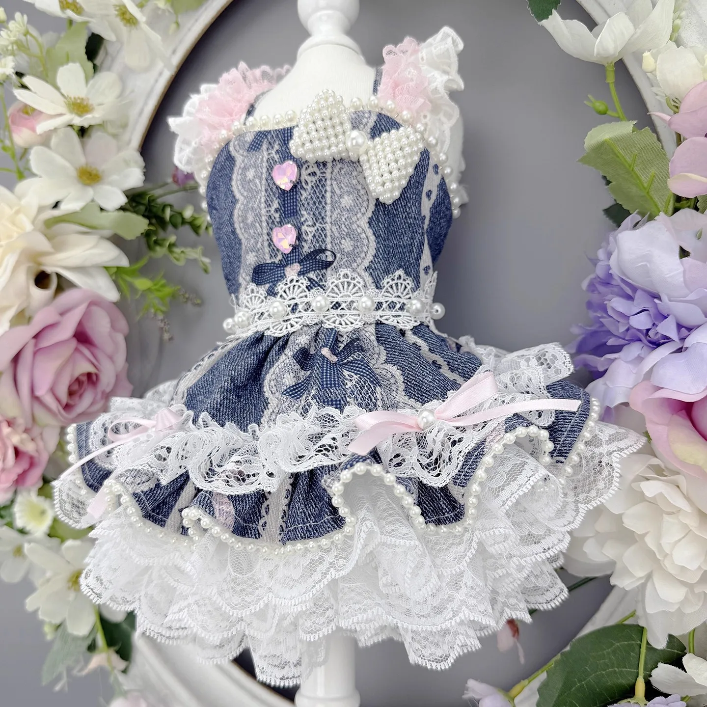 

Handmade Denim Lace Pet Dress Pearl Bow Princess Outfit Dog Cat Clothes Cute Party Wedding Apparel for Small Dogs