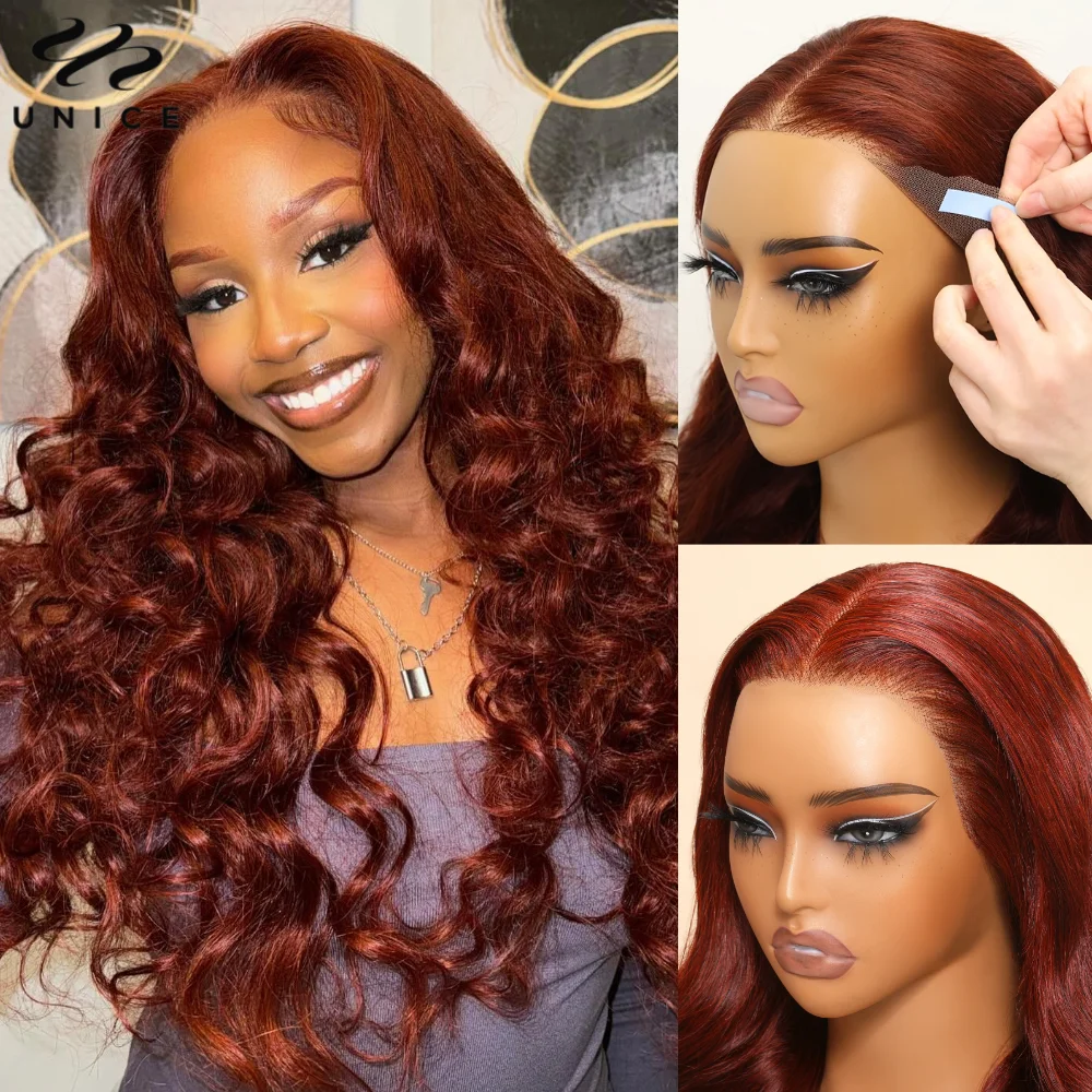 

UNice Hair Pre Cut Bleached Knots 7x5 13X4 Lace Front Wig Human Hair Reddish Brown Body Wave Wig Ready To Wear Go Lace Wigs 150%