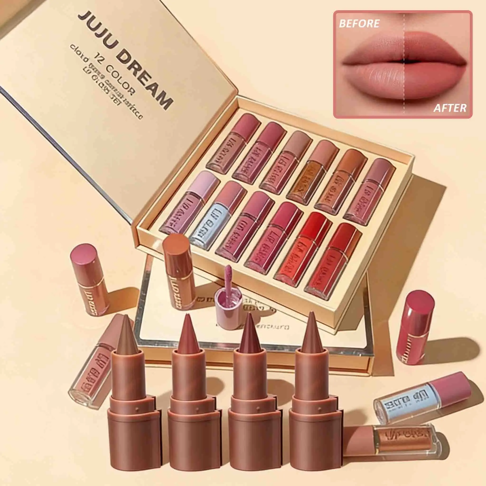 18 Set Color Lip Gloss Lipstick Set+Matte Lipliner Long-Lasting Waterproof Non-Stick Formula Tapered Tip Outline Lip Makeup