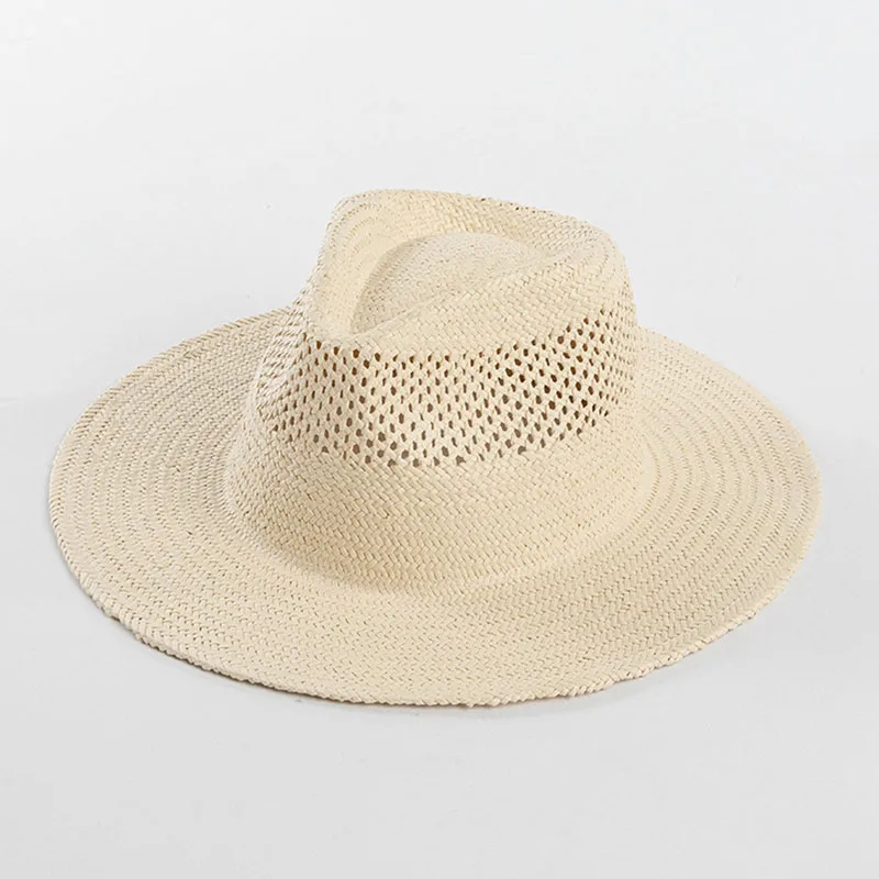 Fashion Women Beige Straw Fedora Hats Ladies Wide Brim Summer Hat Hand Woven Hollow Straw Sun Hat for Derby Travel Beach Hat