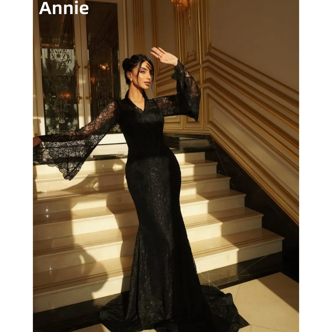 

Annie Black Flared Long Sleeves Prom Dresses Lace Embroidery Evening Dresses Slim Fit Elegant Lady Party Dresses فساتين سهرة