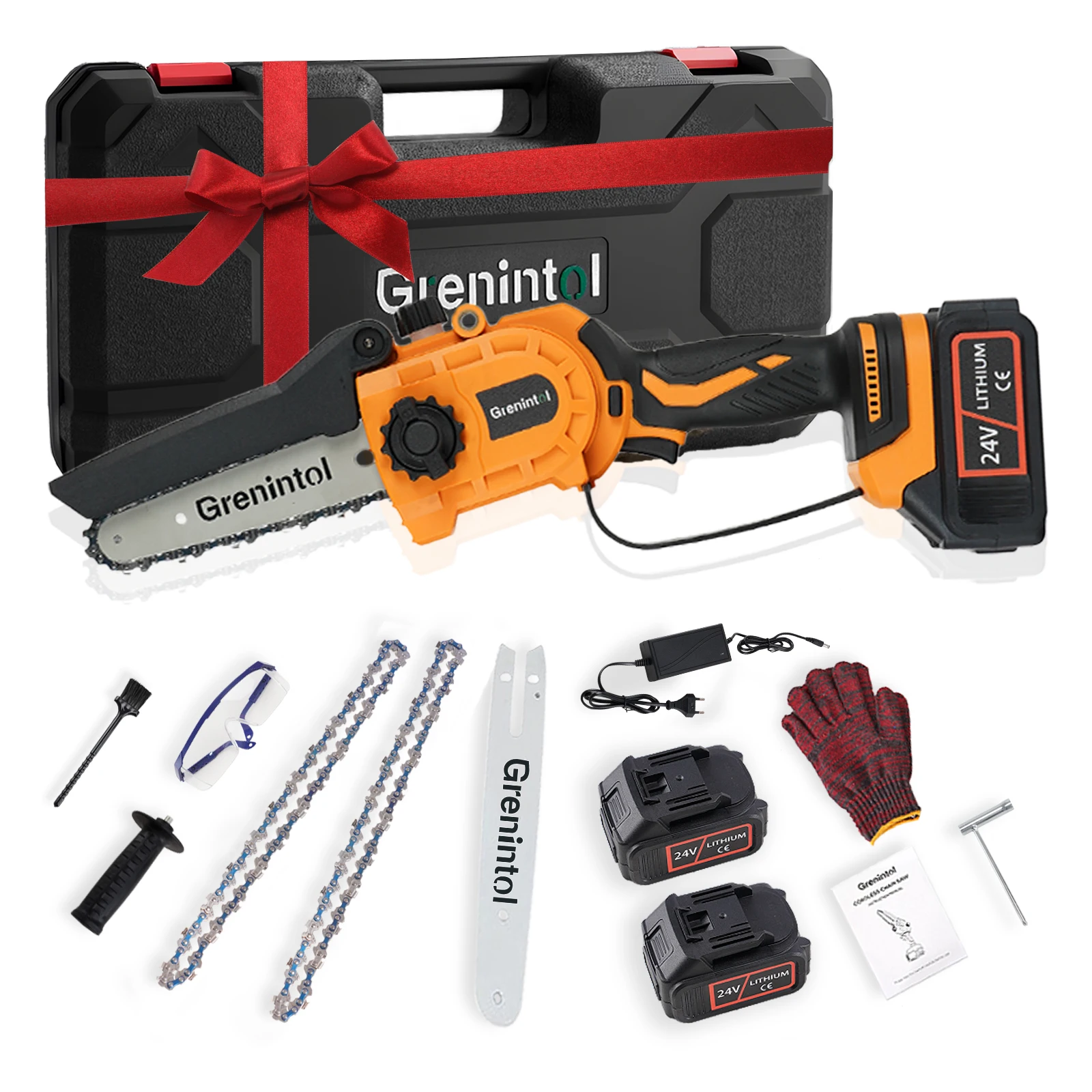 Grenintol 6'' Akku-Kettensäge, 6000mAh,  Automatischer Öler, Elektrosäge für Baumschnitt & Gartentreppe