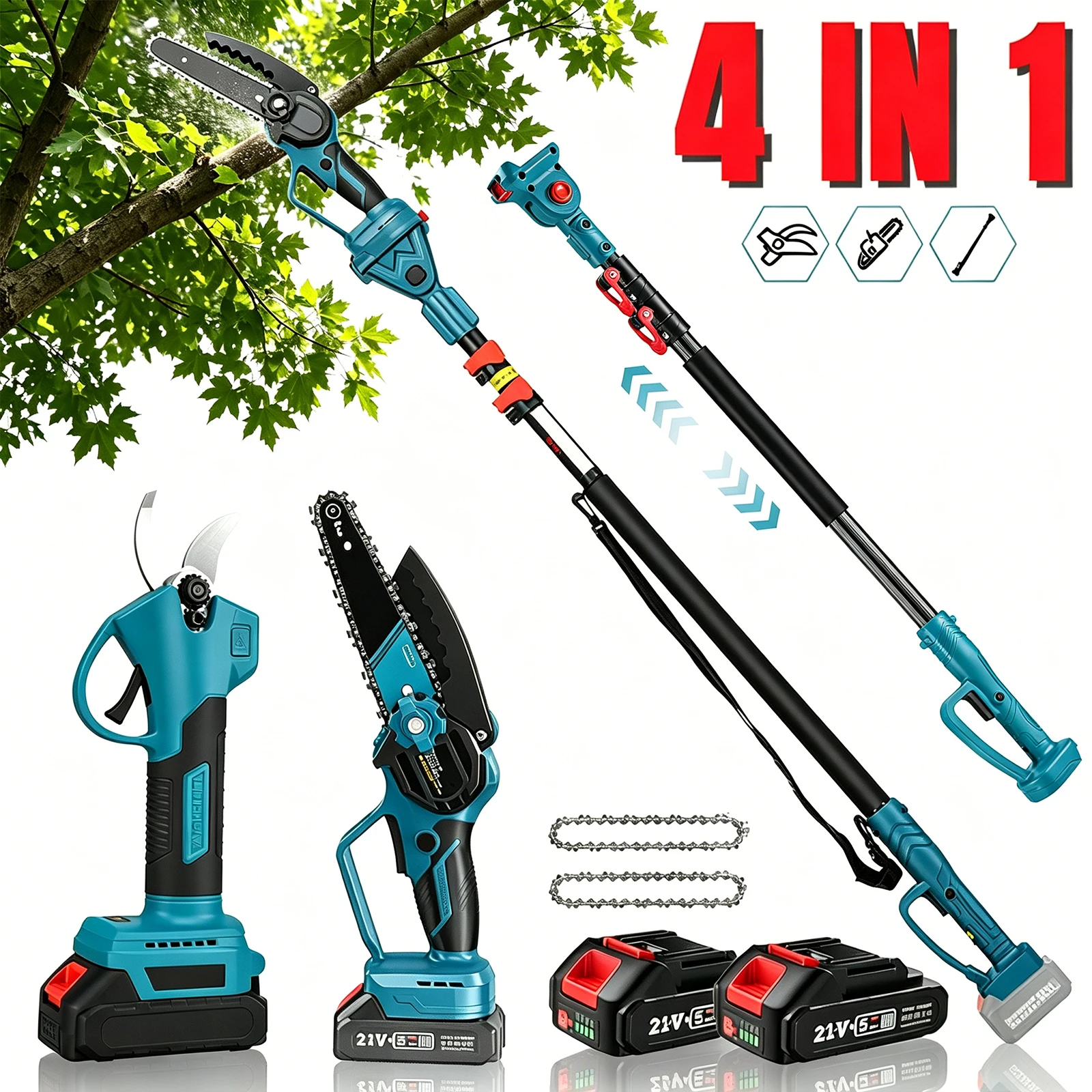 Kabellose Teleskopstange 6 Zoll Elektrische Kettensäge 25mm Astschere Verstellbare Hochastsäge 4-in-1 Handgeführtes Garten-Baumschneide-Elektrowerkzeug für Makita 18V