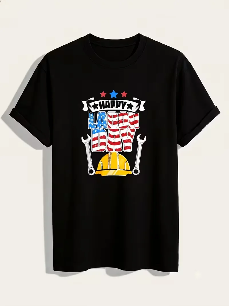 Crew Neck TShirt Worker Patriotic American Flag Labor Laborer Happy Labor Day TShirt Men#39S Casual Happy Labor Day Black TShirt Soft Crew Neck Short Sleeve for AllS 012026 Summer Short-sleeved Printed T-shirt