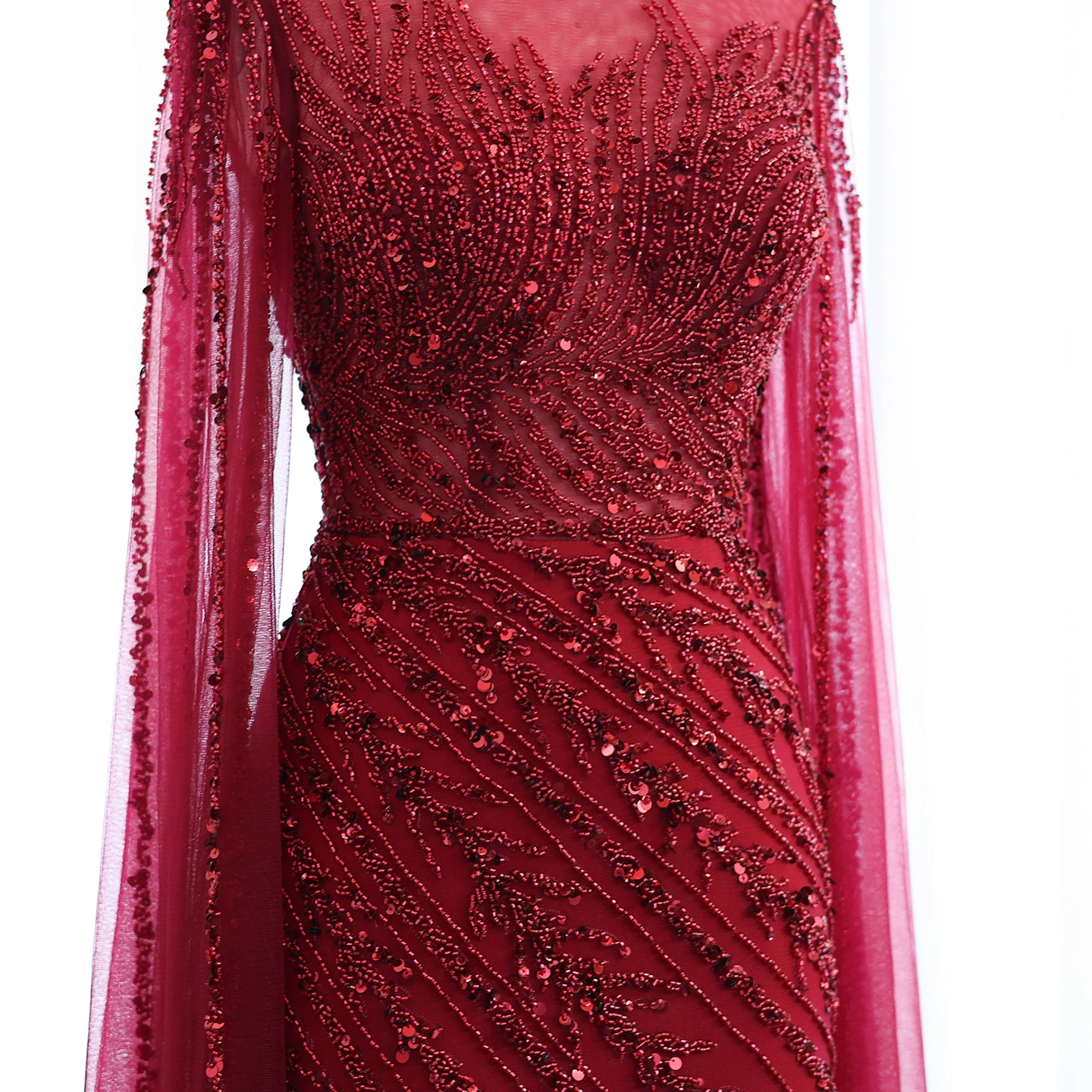Sharon Said Luxuriöse Schwarze Nude Meerjungfrauen-Abendkleider mit Cape-Ärmeln, Hochgeschlossenem Kragen, Dubai Hochzeits-Party-Formelle Kleider SS162 Maßanfertigung – Detail 15
