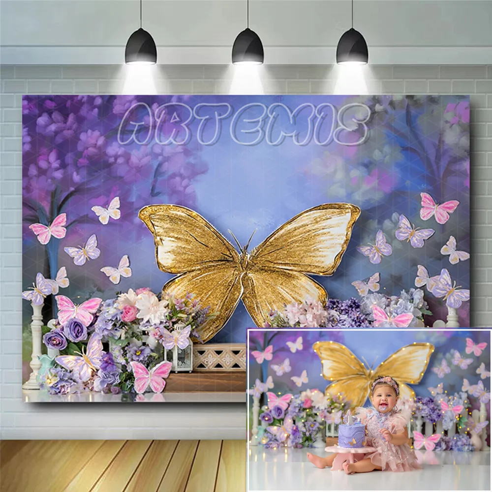 

Gold Butterfly Purple Flowers Birthday Decoration Background Girl Portrait Cake Smash Backdrops Photography Props Photo Studio