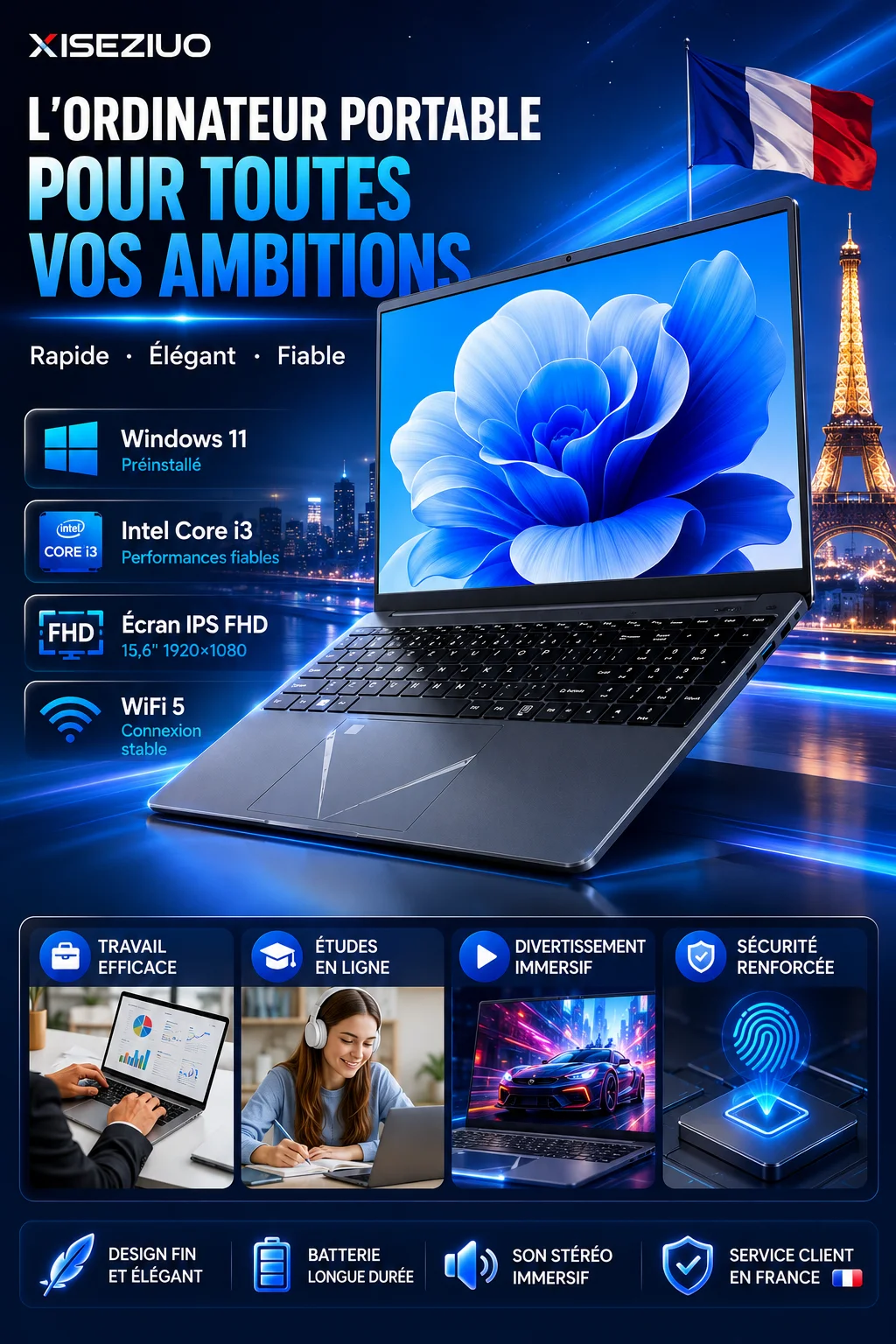 15.6-inch Full HD IPS Laptop with Intel Core i3, Windows 11 Pro, 16 GB RAM, 512 GB SSD, Wi‑Fi 5, Bluetooth 5.0, French keyboard, keyboard protective film, fingerprint reader, lightweight laptop for students, work, and desk use, 1920x1080 display
