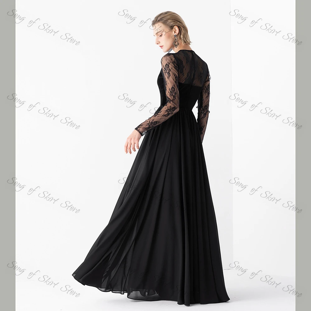 Zwarte O-hals Avondjurken Kant A-lijn Lange Mouwen See-Through Chiffon Prom Gown Eenvoudige Feestjurk robes de soirée vestidos