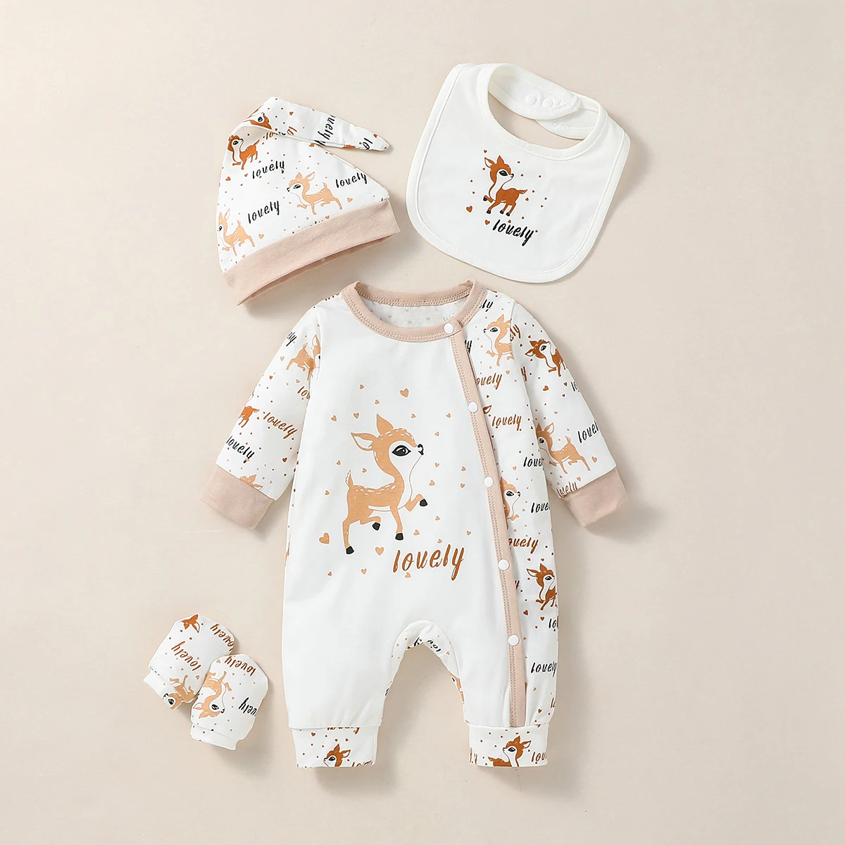 4PCS Baby unisex Long Sleeve Round Neck Animal Print With Button Casual  Jumpsuit +Bib+Hat+Gloves