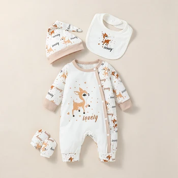 4PCS Baby Unisex Long Sleeve Round Neck Animal Print With Button Casual Jumpsuit…