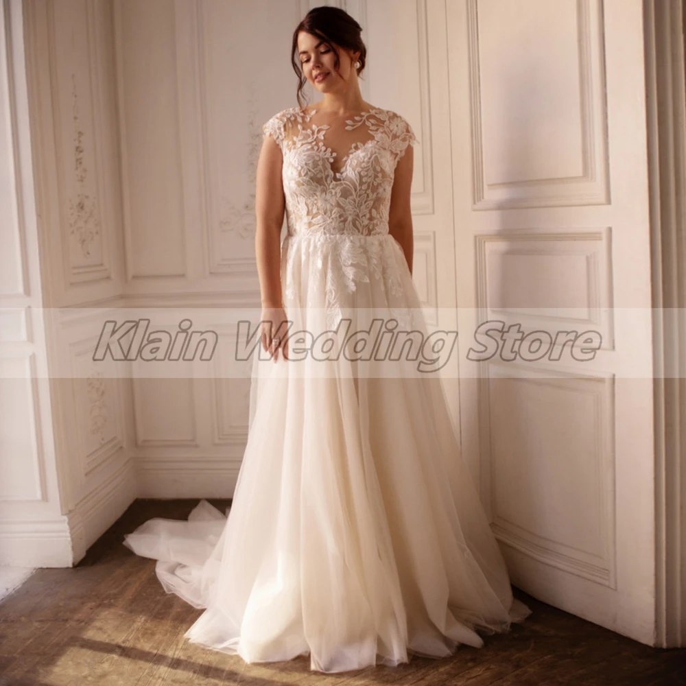 Customized Weilinsha Cap Sleeves A Line Plus Size Wedding Dress Ladies Button Back Lace Appliques Tulle Civil Bridal Gown Vesti