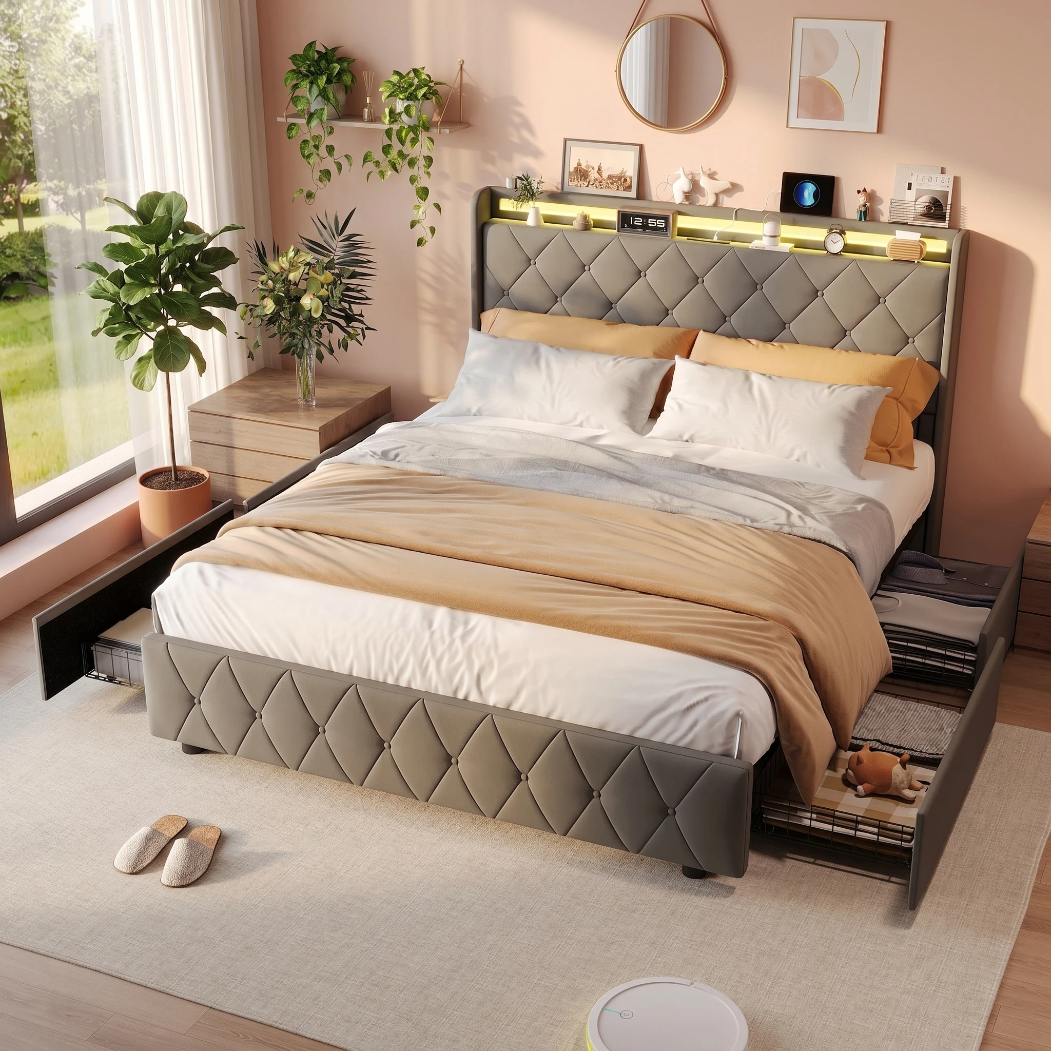 Letto imbottito Superaly, 160×200 cm, con 4 cassetti in metallo, letto matrimoniale, letto per adulti. Letto con cassetti, letto per camera da letto principale, letto per adulti, struttura letto per