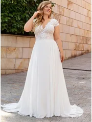 Plus Size Short Sleeves Wedding Dresses V-neck Appliques Backless Floor Length A-line Bridal Gown Boho Vestido De Novia