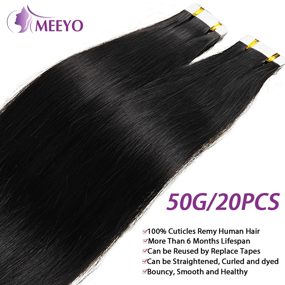 Extensões de cabelo reto para mulheres, cabelo humano, preto natural, cabelo brasileiro, fita no # 1B, 50 G/Pack, 20 Pcs