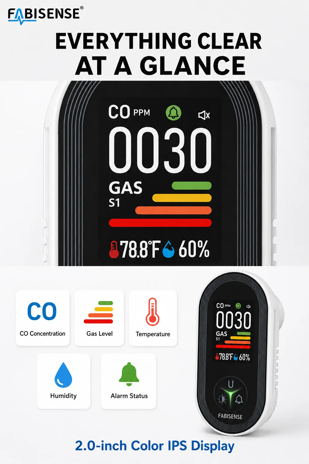 FABISENSE 4-in-1 Plug-in-Kohlenmonoxid- und Gasdetektor, CO-Alarm, Gasanalysator-Display mit Feuchtigkeits-/Temperatursensor für Zuhause – Detail 11