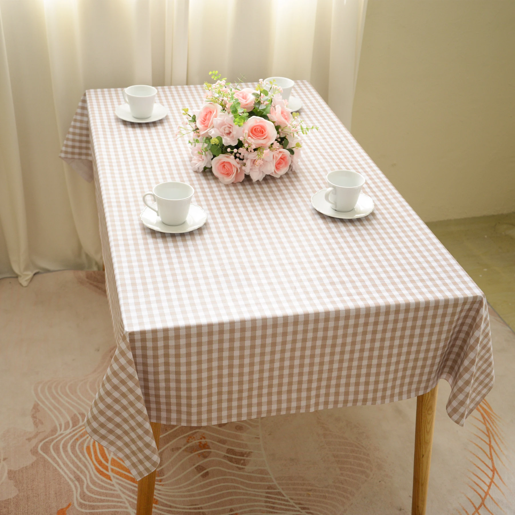 Oilcloth Checkered Waterproof Tablecloths, Wipeable Reusable Table Cover for Outdoor Picnic Camping Dining Table, Light Khaki