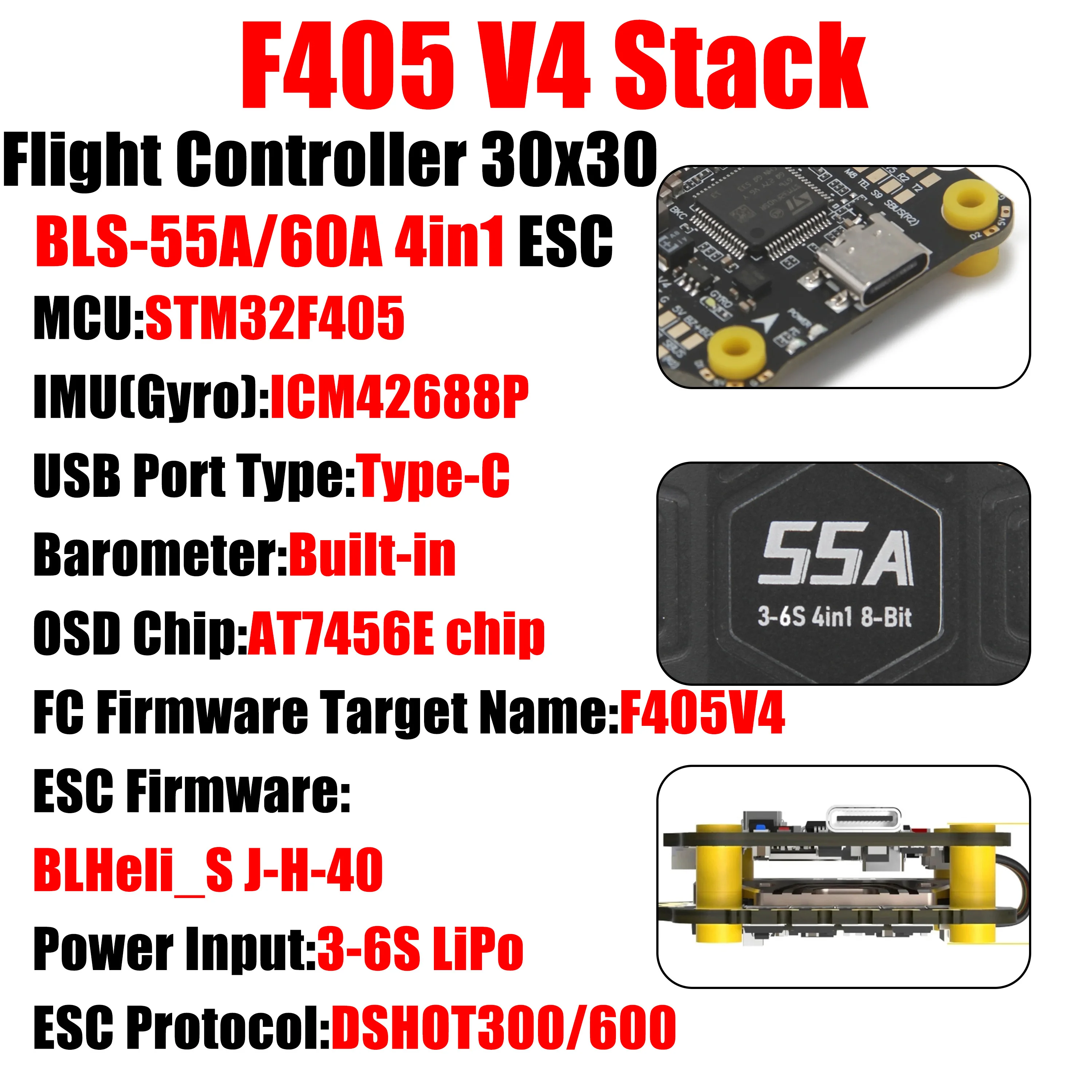 F405 V4 Stack Flight Controller 30x30 FC W/ BLS-55A/60A 4in1 ESC 3-6S Bluetooth for RC FPV Drone DJl O3/RunCam Link/Caddx Vista