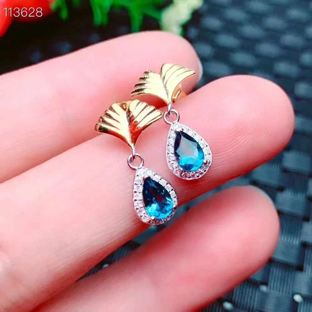 

KJJEAXCMY boutique jewelry 925 Sterling Silver Inlaid Natural Blue Topaz Girl Stud Earrings Water Drop Ancient New