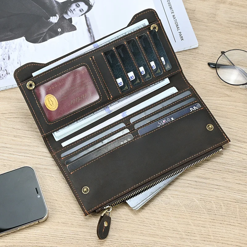 Men Vintage Long Wallet Genuine Leather Cowhide Snap Male Money Case Card Holder Zipper Coin Pocket Unique Casual Clutch Bag
