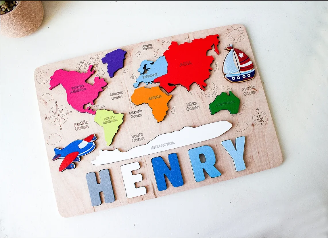 Wooden World Map Baby Name Puzzle Birthday Gift Children Toy Personalized Toddler Name Puzzle Kids Wood Puzzle Montessori Toys