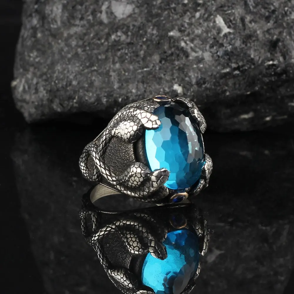 Cobra Model Blue Topaz Gemstone 925 Sterling Mens Silver Ring, Free Shipping, Gift for Men Jewelry, real Natural Stone Vintage Fashion