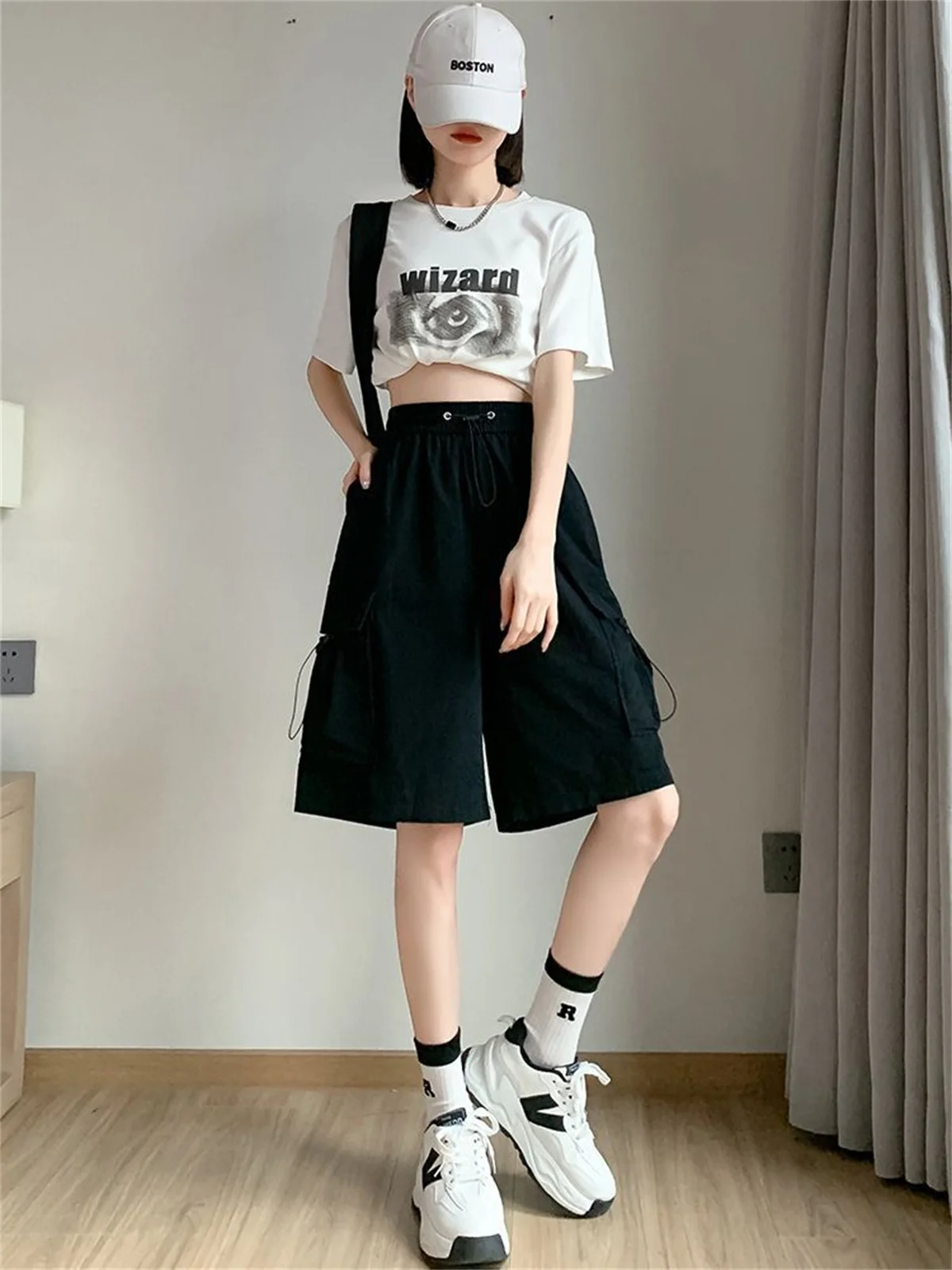 Men Women Summer Shorts Drawstring Shorts Multi Pockets Straight Wide Leg Mid-rise Hip Hop Sport Cargo Shorts Streetwear Boys