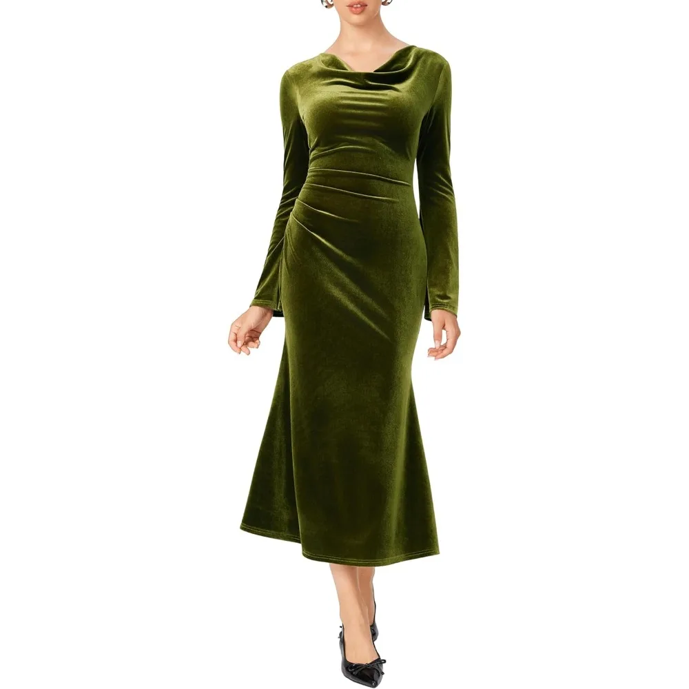 

Velvet Dress Fall Wedding Guest Dresses for Women Long Belll Sleeve Cowl Neck Midi Cocktail Formal Dresses Trendy