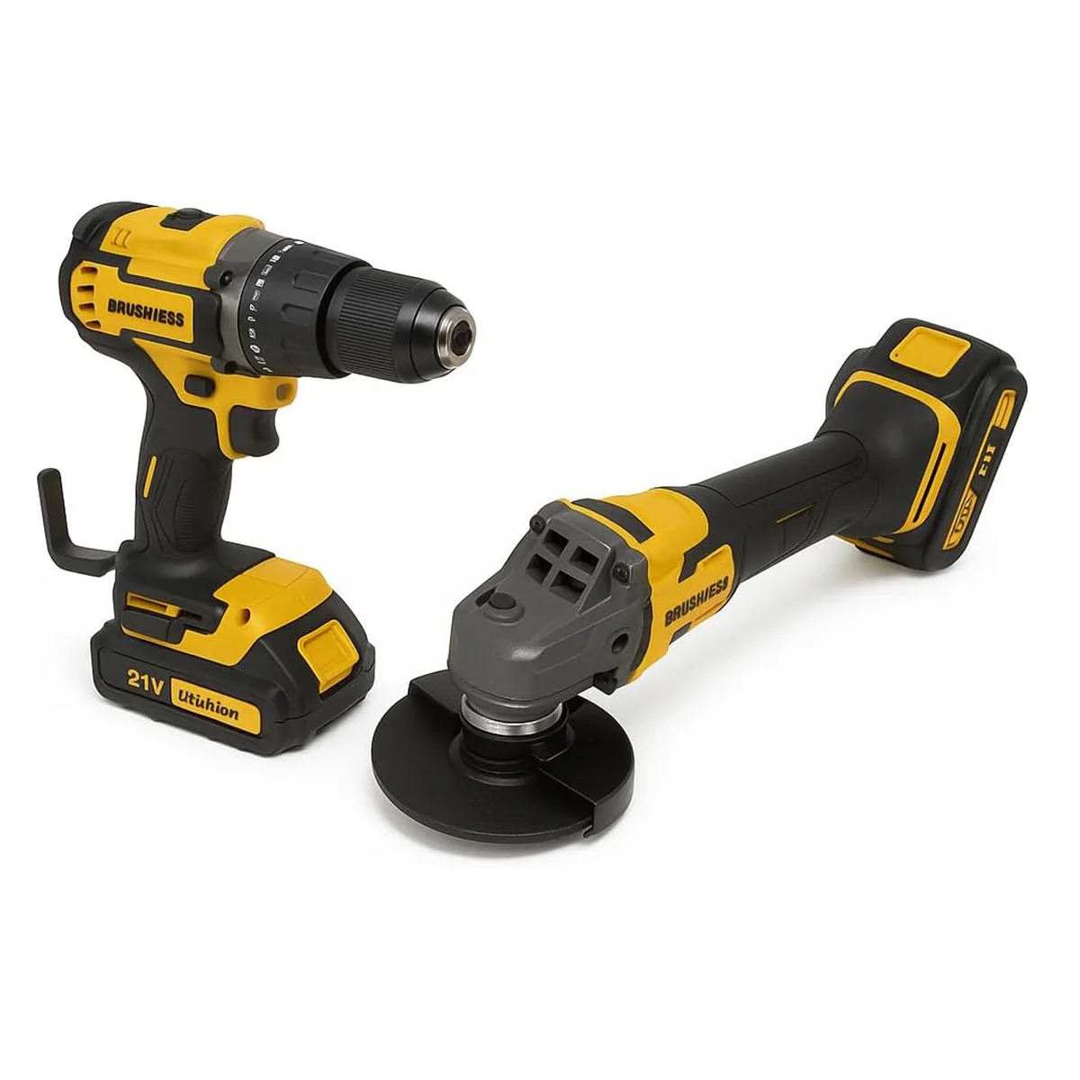 Set Profesional Klack 21V Brushless - Taladro Percutor + Amoladora Angular 115 mm - 2 Baterías y Accesorios