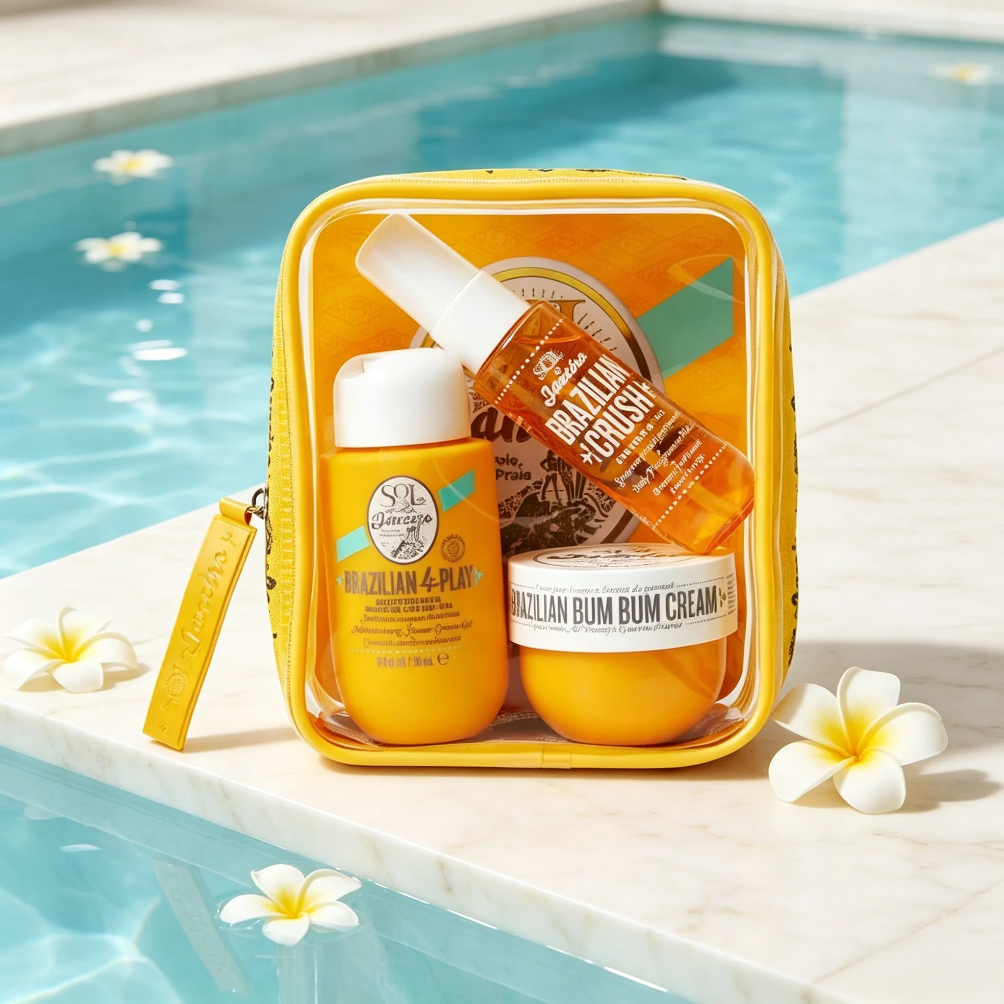

Sol de Janeiro Brazilian Crush Travel Gift Set Including Shower Cream Bum Bum Cream Perfume Mist Tropical Fruity Fragrance Portable Yellow Zipper Cosmetic Bag Travel Body Care Kit Premium Holiday Gift for Women