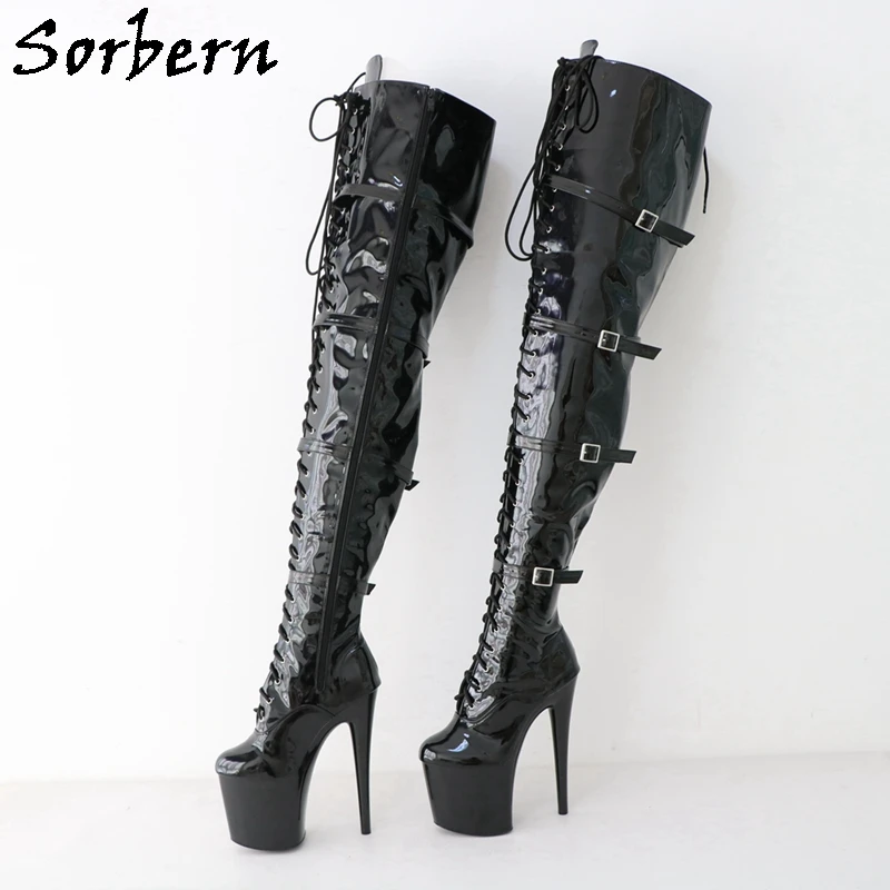 

Sorbern 73-82cm Black Crotch Boots Women Pole Dancer Shoe Unisex Stripper Heels Lace Up Platform Round Toe 20Cm Heels Custom