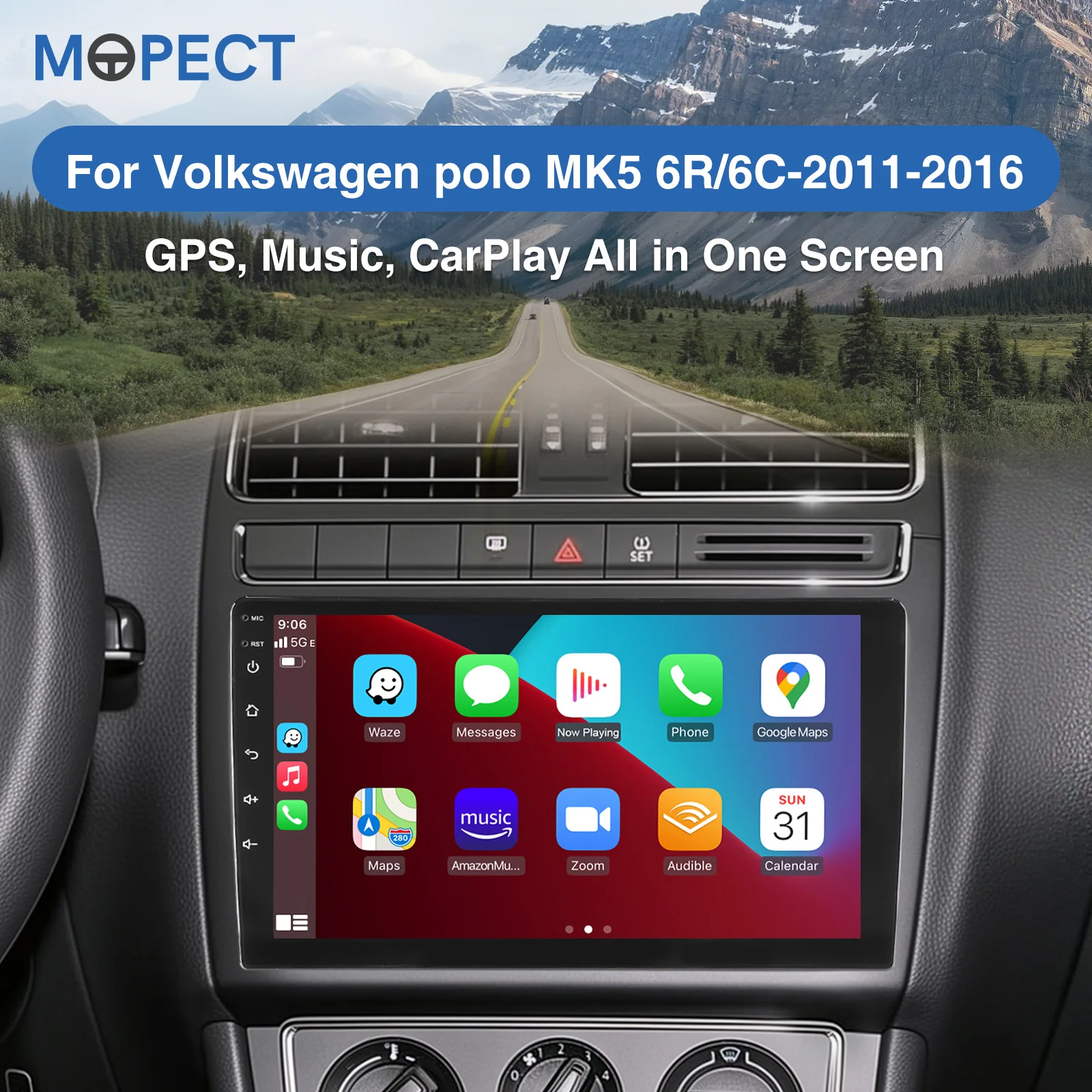 MOPECT Android 15 Draadloze CarPlay Autoradio voor Volkswagen Polo MK5 6R/6C-2011-2016 GPS FM WiFi Touchscreen Multimedia Video - afbeelding 2