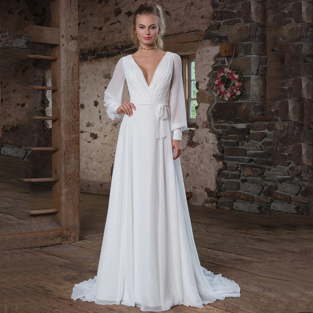 

Boho V-Neck Chiffon Wedding Dress Long Lantern Sleeve A-Line with Belt Bridal Pleat Sexy Open Back Beach Marriage Bride Gowns