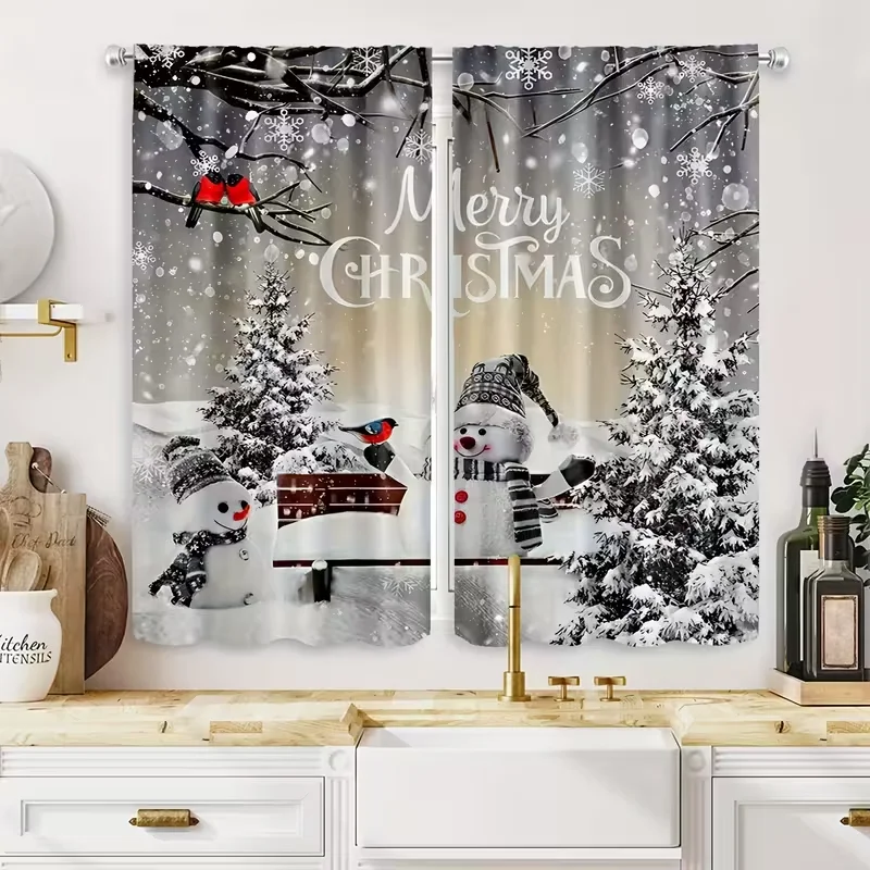 2pcs Snowman & Merry Christmas Curtains Winter Design Polyester Window Decor for Holiday Living Room Bedroom Rod Pocket Curtains