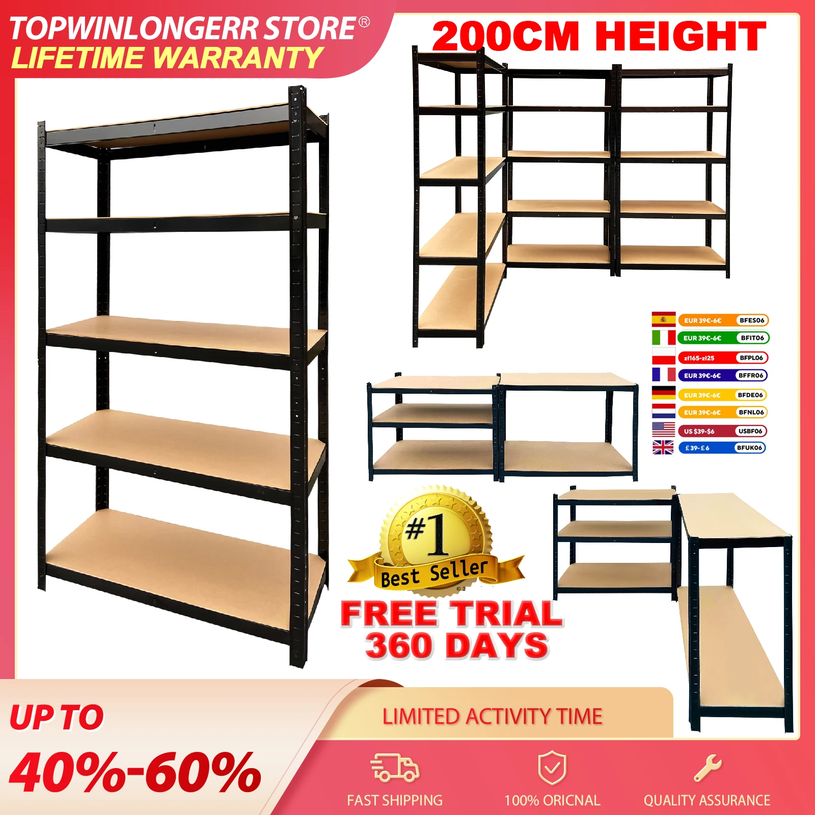 Regal für Garagen und Schuppen 50×100×200 cm Lagerregal Robuste Metallregale 5-stöckig Schraubenlose Garagenregale Verstellbare Ablage Einfache Montage Gesamtlast 875KG -Schwarz für Küche, Wohnzimmer,