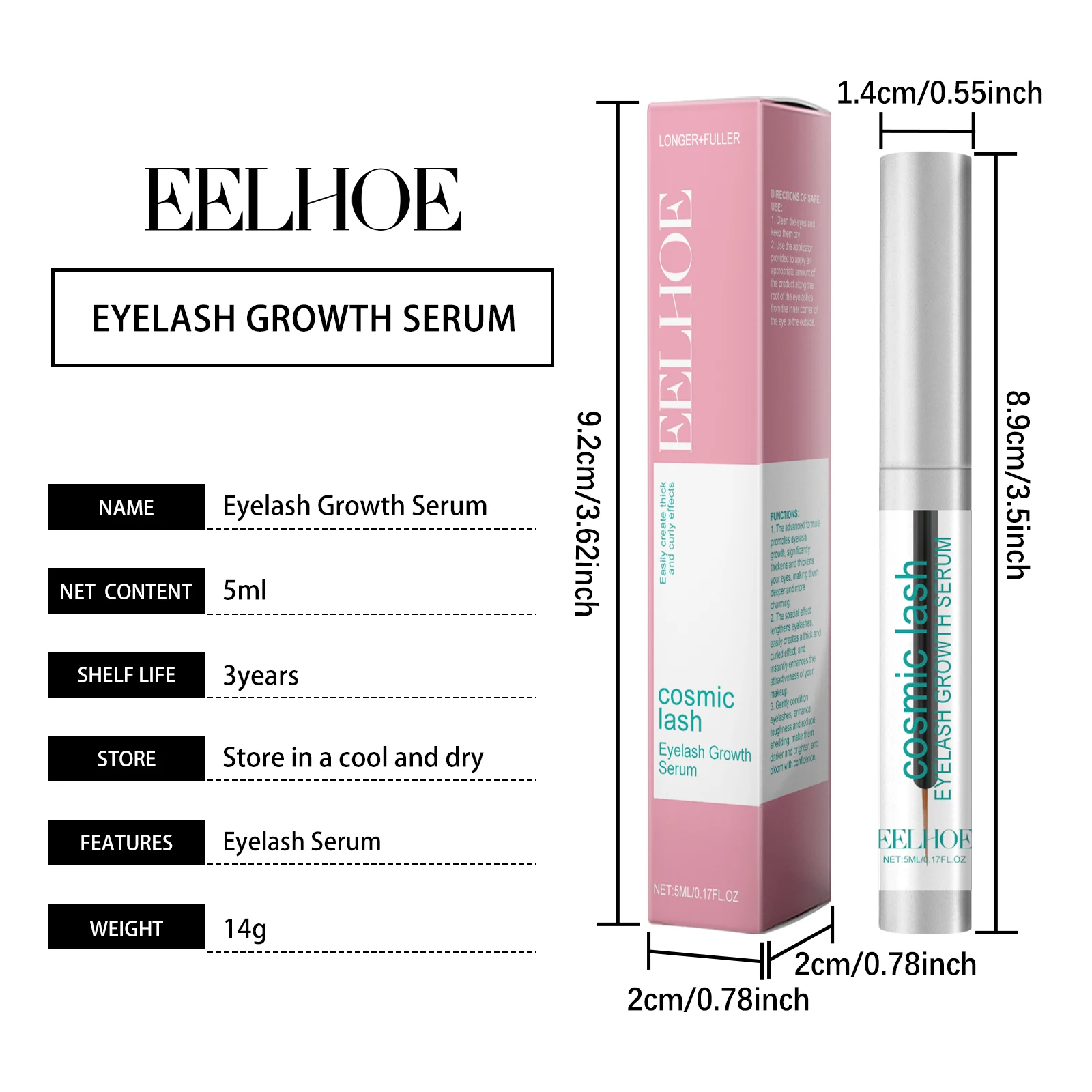 Eelhoe 5ml sérum d'extension de cils sourcil croissance des cils allonge plus complet durable hydratant épaissir les cils bouclés sérum