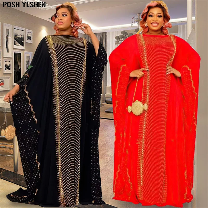 

Chiffon Diamonds Caftan Dress African Dresses for Women 2022 Traditional Nigeria Lady Abaya Musulman Boubou Robe Femme Clothes