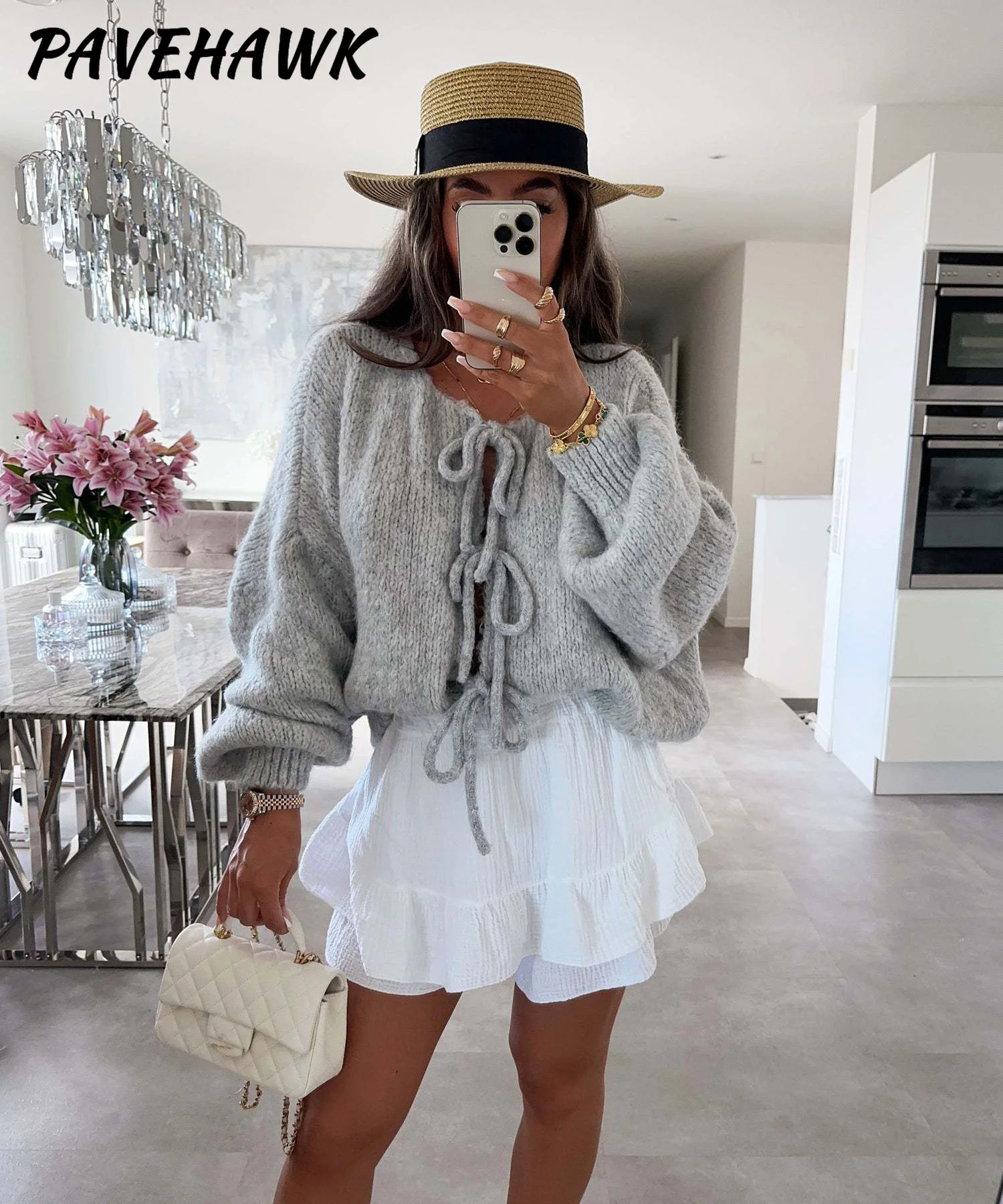 Women O Neck Lace Up Knitted Cardigan Long Sleeve Tie Front Loose Casual Knitwear Elegant Autumn Winter Streetwear Sweaters