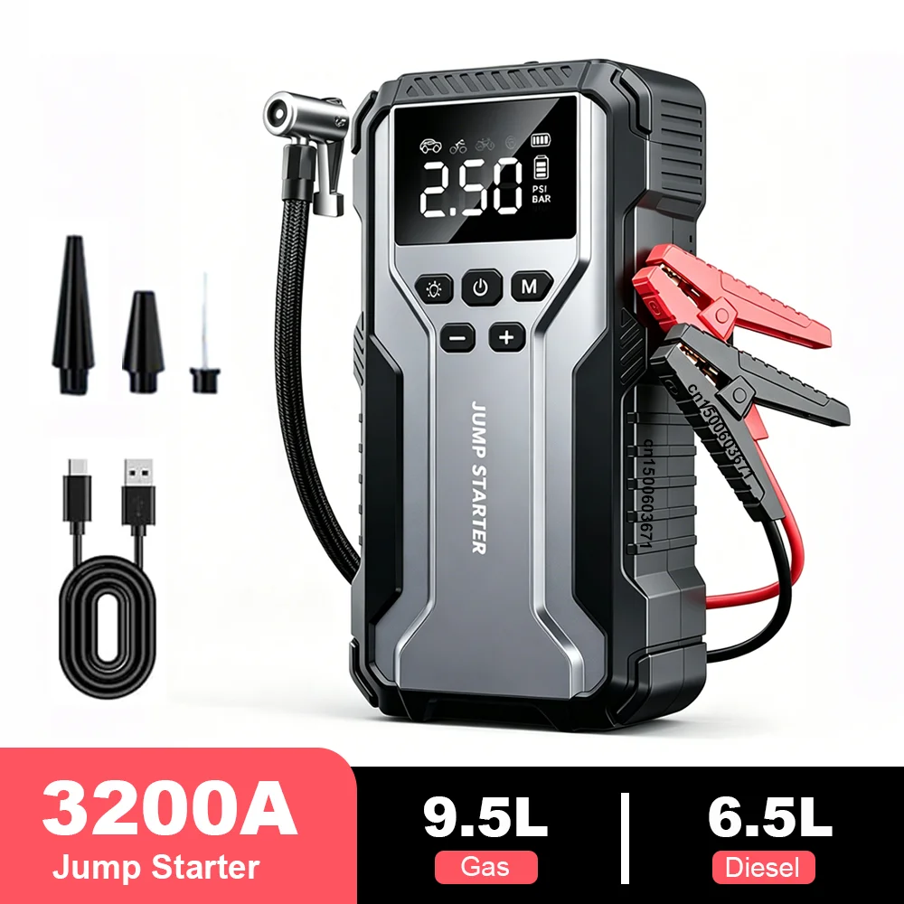 Tragbarer Auto-Starthilfe-Generator mit Luftkompressor 3200A Autobatterie-Booster 12V Auto-Starthilfe Reifenfüller Powerbank