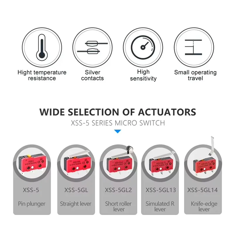 10 قطعة Xurui Mini Micro Switch XSS-5 Series ، 5A/125VAC 3A/250VAC ، مكبس دبوس ، رافعة مستقيمة ، رافعة دوارة ، حافة سكين ، لـ CNC #5