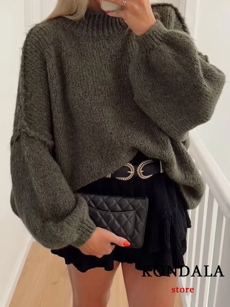 KONDALA Chic Cozy Green Ribbed Sweater Round Neck Long Sleeve Loose Fit 2023 Autumn Pullover Winter Loose New Women Knitwear