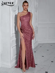 ADYCE New Summer One Shoulder For Women Elegant Celebrity Evening Party Dresses High slit Sexy Sequin Flower Decorated Vestidos