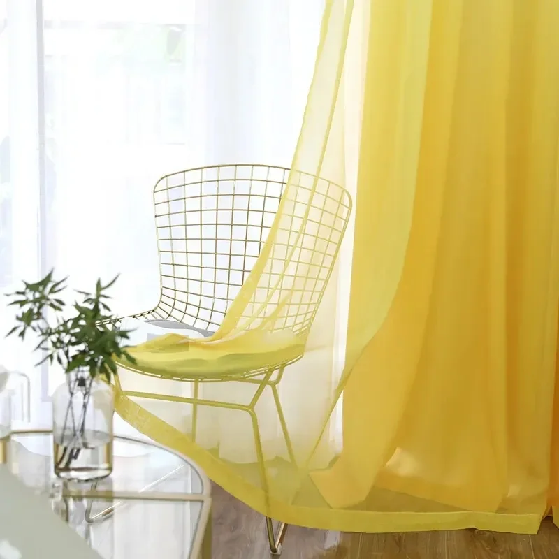 Einfarbiger, durchsichtiger Voile-Vorhang für Wohnzimmer, Küche, moderne Fenstervorhänge, gelber Tüllstoff, Behandlung Cortinas Custom WP184