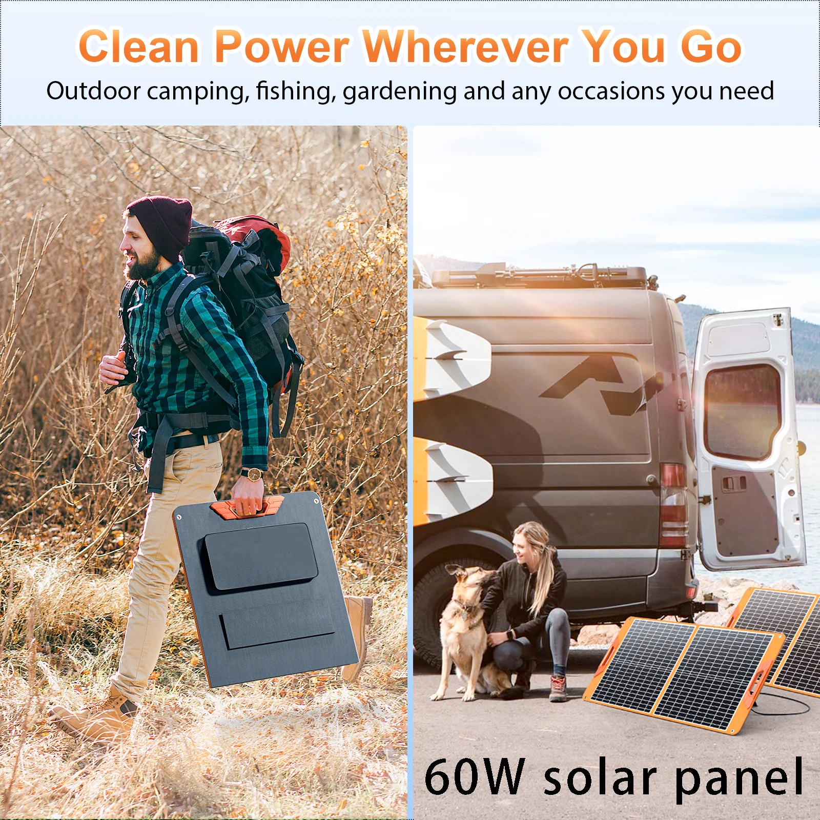 

60W portable flexible solar panel with DC adapter/IPX5 waterproof/solar photovoltaic charger suitable for outdoor camping RV