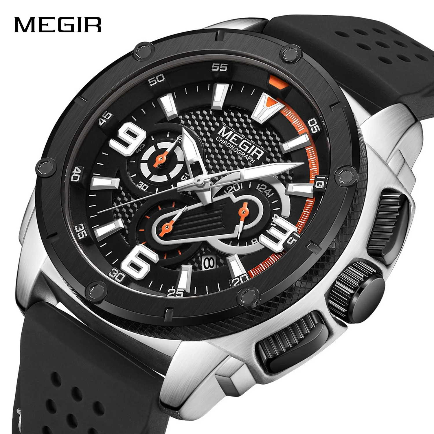 MEGIR 46MM Dial Men's Sport Wristwatch Chronograph 3ATM Waterproof Luminous Hands Men Quartz Watches Silicone Strap Montre Homme