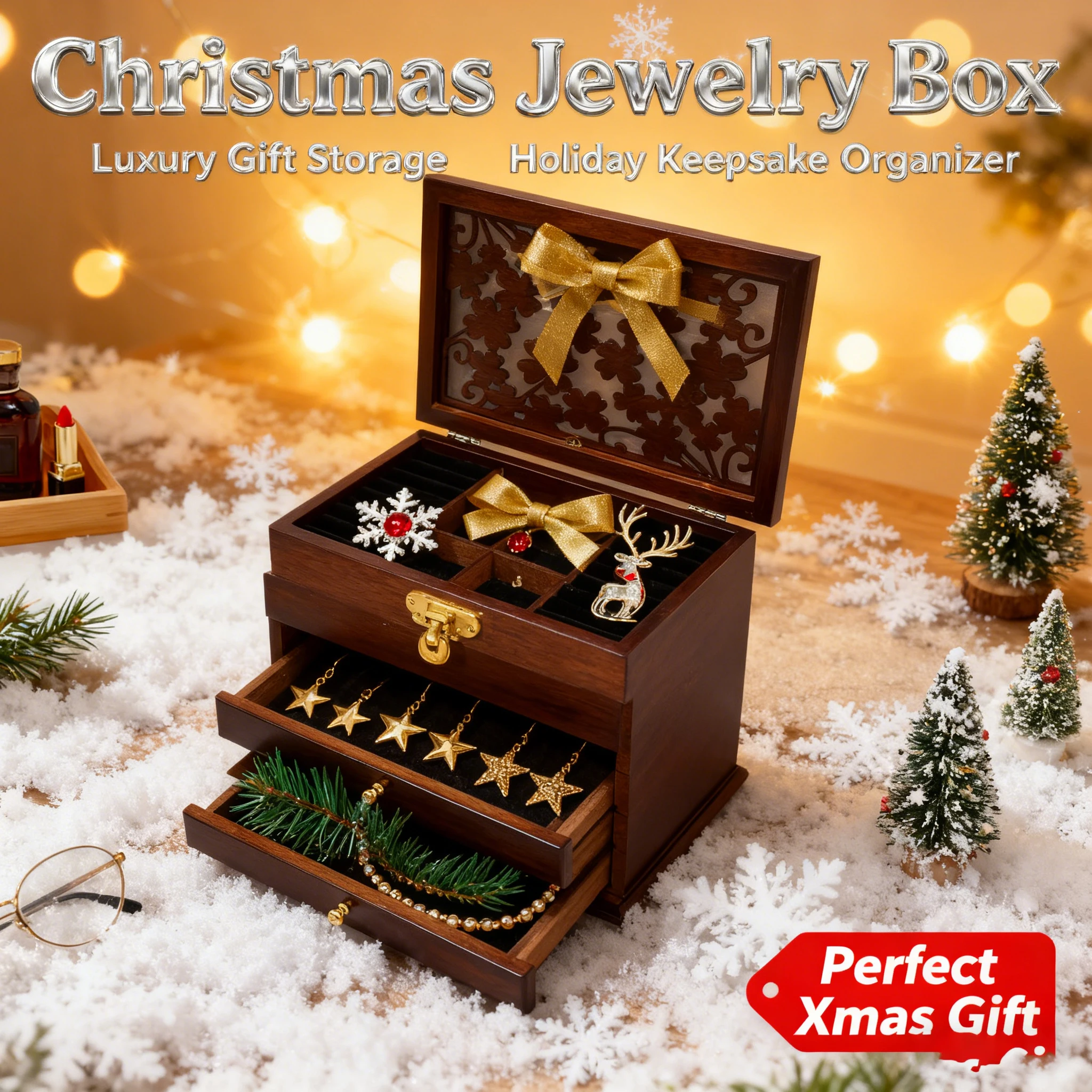 

Rectangle Jewelry Box with 6 Compartments – Vintage Wooden Case for Organizing Rings, Necklaces, Earrings