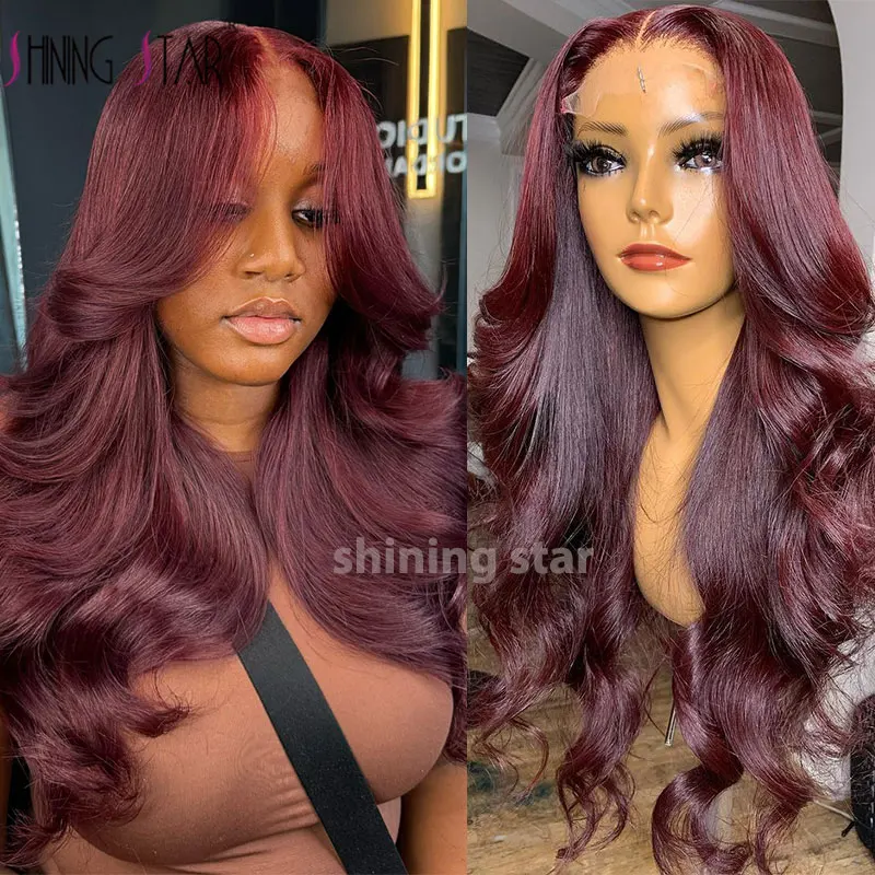 

32" Dark Burgundy 13X6 Hd Lace Frontal Human Hair Wig Body Wave Wigs 13X4 Lace Front Human Hair Wigs For Black Women 99J Colored