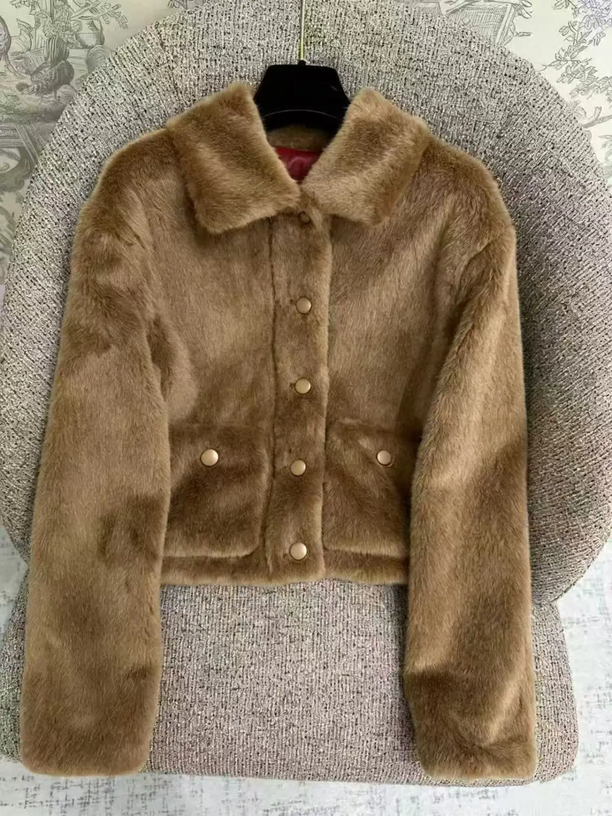 2026 New Winter Retro Brown Faux Fur Short Women Jacket, Fashion Metal Buttons Warm Ladies Coat 21B